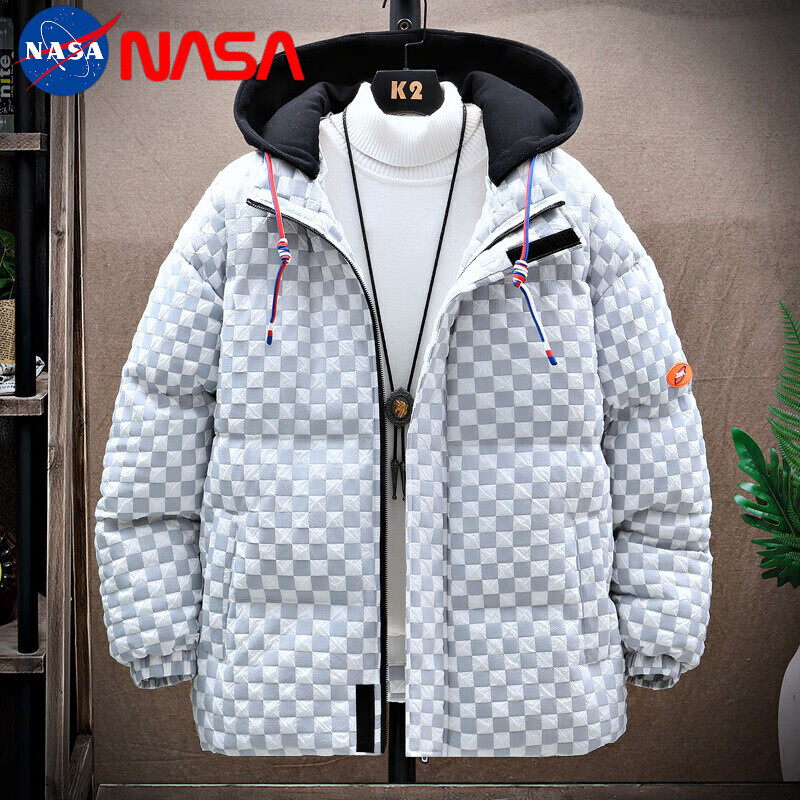 NASA男装官方联名数据款棉衣男潮流2022新款冬季棋盘格棉服加厚外套冬犀牛贵宾 白色 M