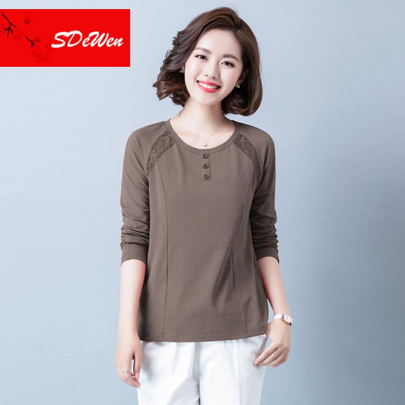 艾诗甜女式休闲体恤衫长袖棉质女2021新款中老佬年宽松上衣时尚圆领