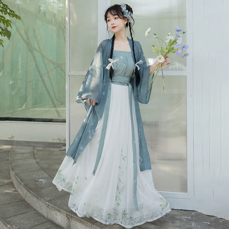 严莘汉服成人女胖妹妹夏烟宋制长干寺长褙子宋抹印花日常春夏 蓝色长