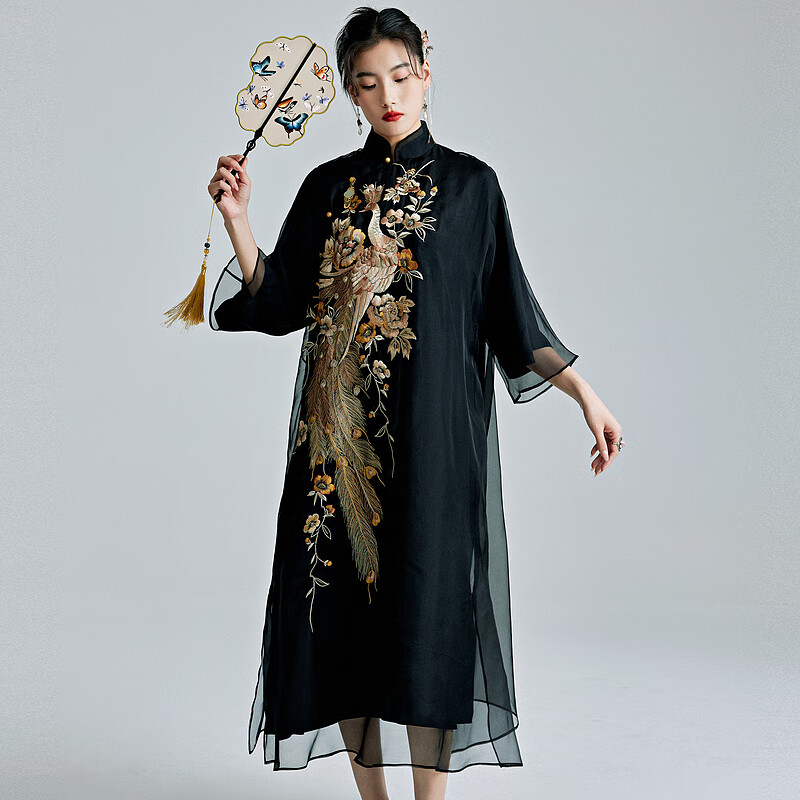 陌遇2025春夏中國(guó)風(fēng)新款真絲重工刺繡旗袍新中式復(fù)古連衣裙品牌女裝 黑色 S