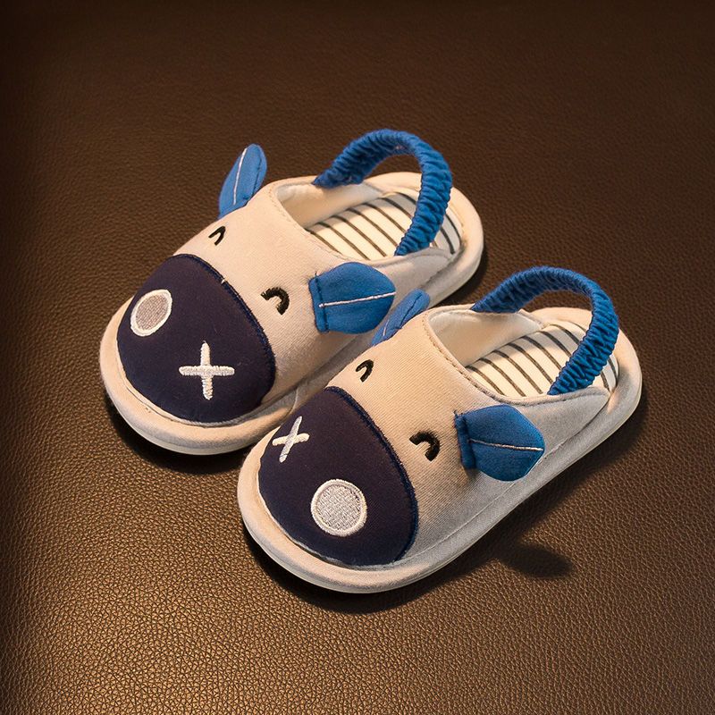 拖鞋新春秋1-3岁防滑室内儿童布拖鞋家居鞋婴儿拖鞋亚麻小孩 深天蓝