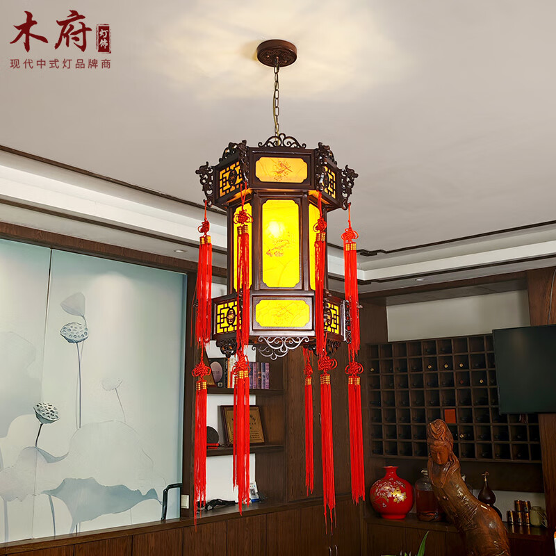木府中式灯笼吊灯仿古实木六角龙头宫灯别墅大门口古建筑茶楼灯SN7262