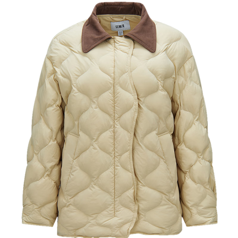 森马（Semir）羽绒服女中长款轻薄肌理宽松2025撞色灯芯绒翻领冬装109725113027