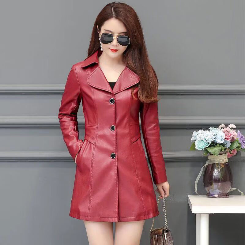 中长款女皮衣2024春秋女外套修身皮风衣显瘦机车 中长款薄款枣红色 l