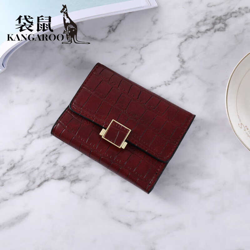袋鼠(kangaroo)韩版新款小钱包女短款纯色简约鳄鱼纹三折学生搭扣大