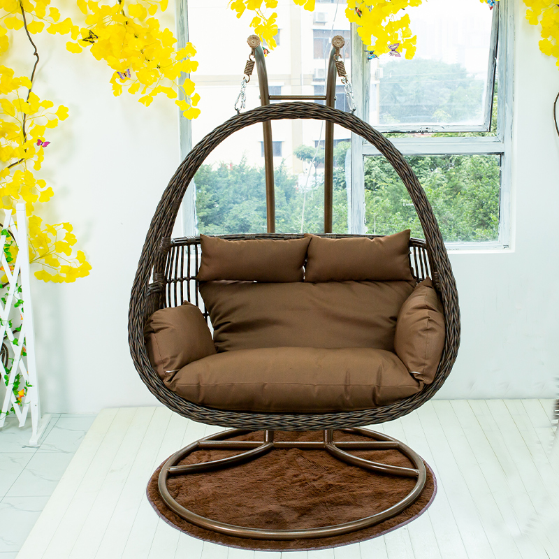 庭院秋千家用铁艺摇椅花园休闲藤椅吊椅吊床 海尔森双人吊篮双杆(棕)