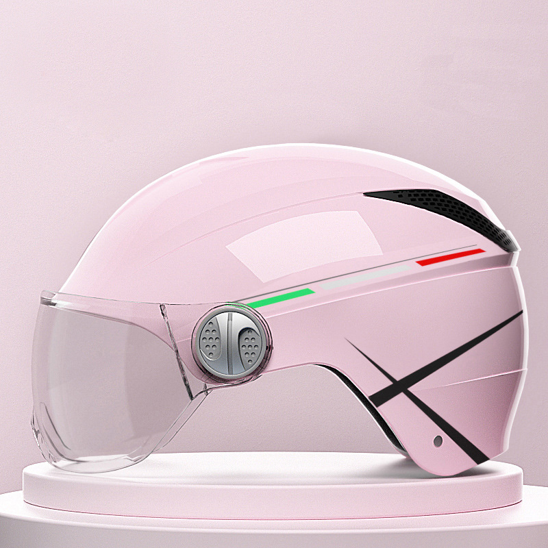 第六日 3C认证摩托车头盔电动车头盔男夏季双镜片半盔女摩托车安全帽夏季通风款 樱花粉色