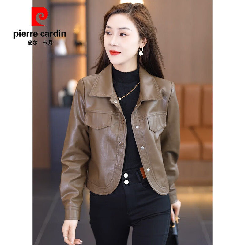 皮尔卡丹（pierre cardin）时尚气质长袖皮衣外套女短款2023年秋季新款修身显瘦机车皮夹克潮 深咖 3XL高性价比高么？
