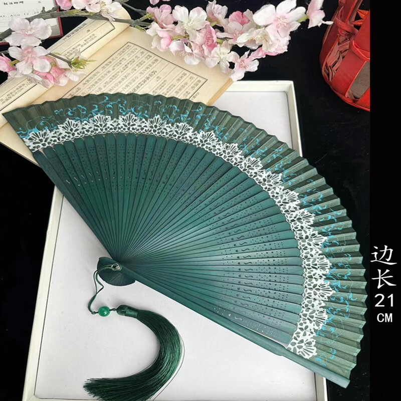 purixtar古子中国风女草绿色折扇舞蹈汉服折叠夏天旗袍纳凉便携小扇子