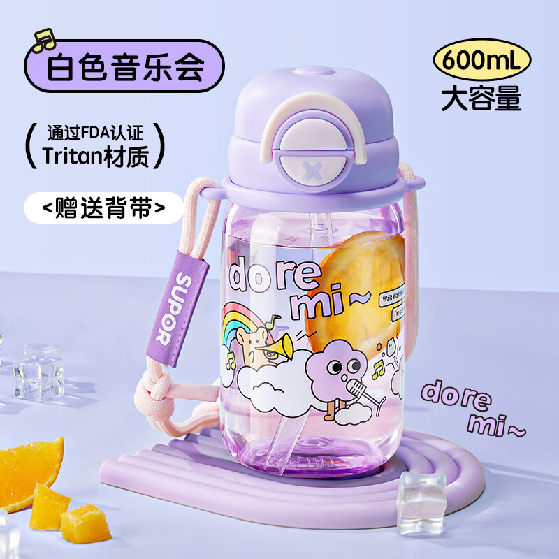 苏泊尔奇遇团团双饮塑料杯儿童便携吸管高颜值水杯600ml.白色音乐会