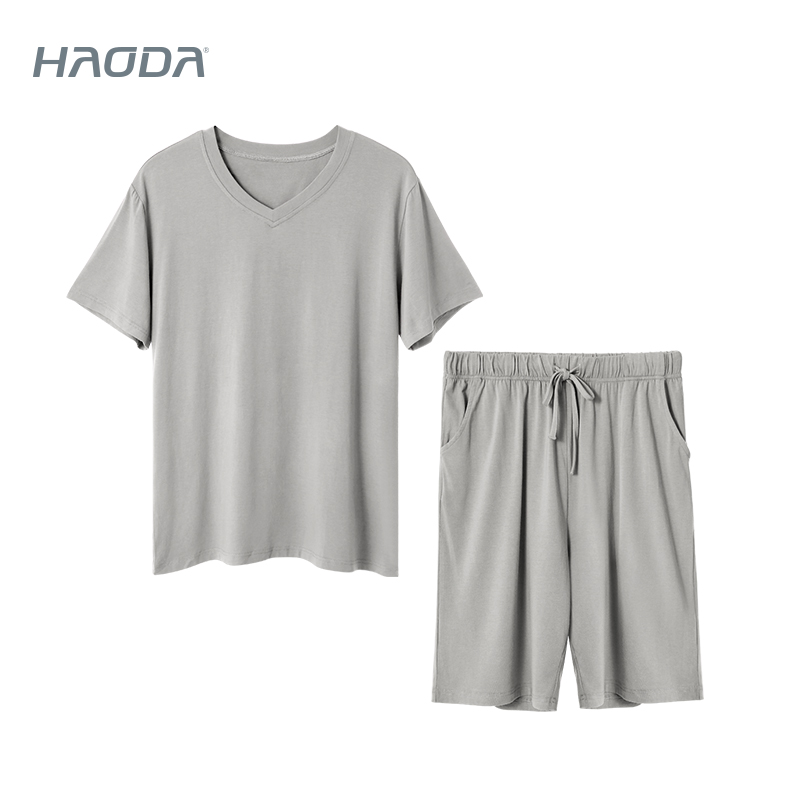 HAODA昊达轻薄睡衣套装男士夏季短袖纯色商场同款竹纤维家居服 浅灰色 XL