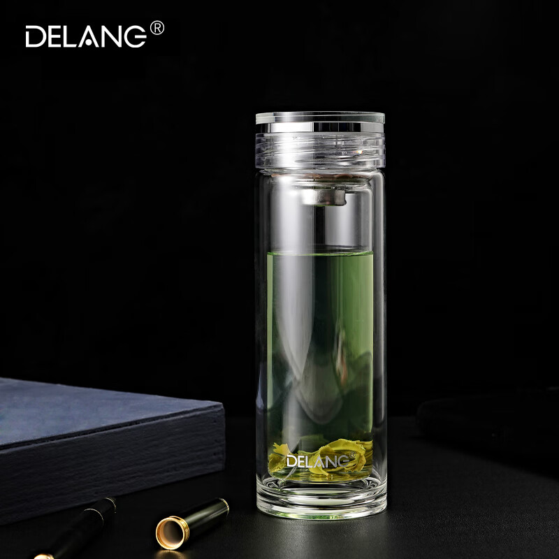 德琅(DELANG)德国品牌水杯双层玻璃杯商务办公玻璃杯 茶水分离杯8003-镜面杯盖-茶滤款