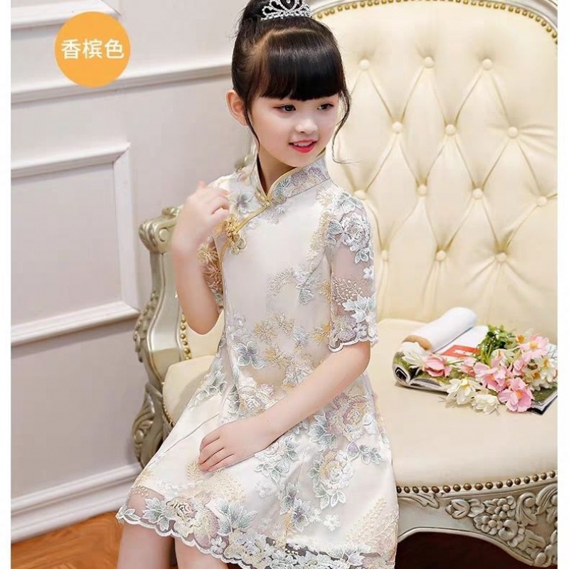 女童旗袍连衣裙夏装儿童礼服新款公主裙洋气裙子女孩古装汉服 香槟色