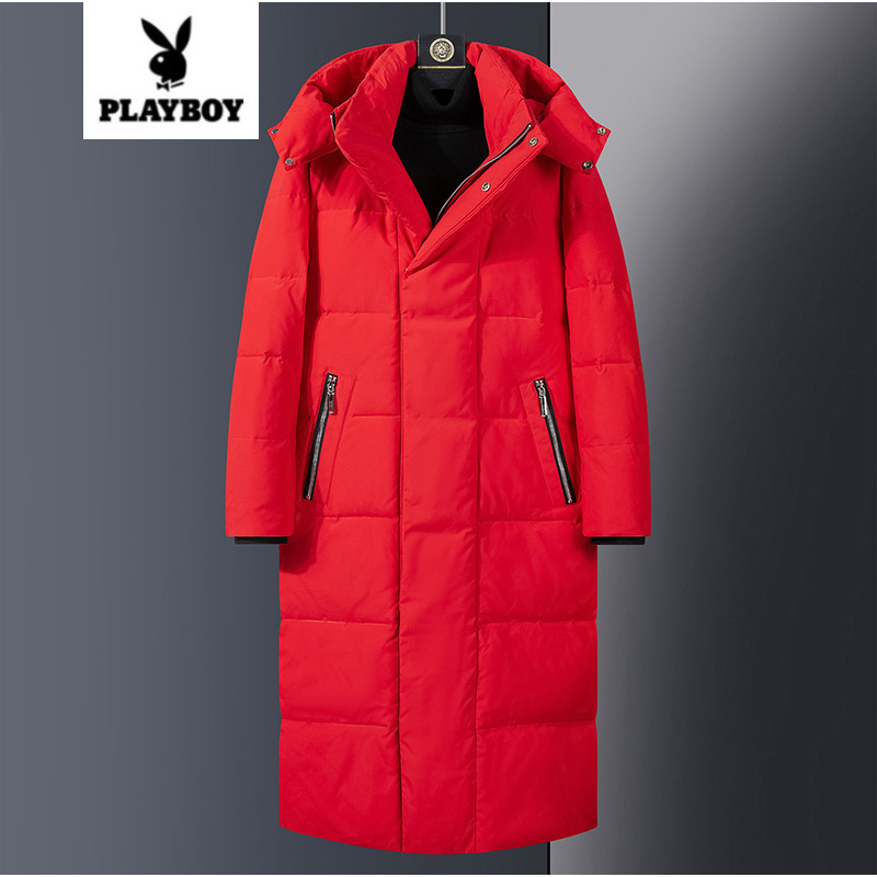 花花公子长款羽绒服男女连帽可拆卸长过膝加厚超长款鸭绒服东北情侣