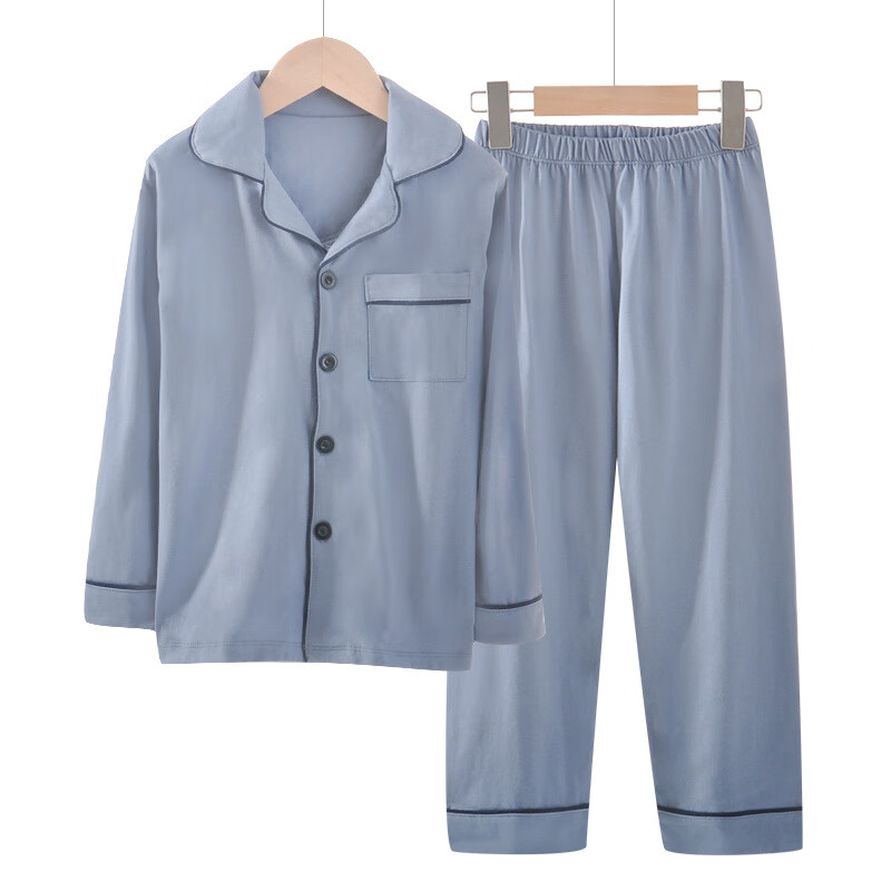 睡衣春秋季纯棉长袖男孩中大童全棉春款套装小孩子儿童家居服 雾蓝
