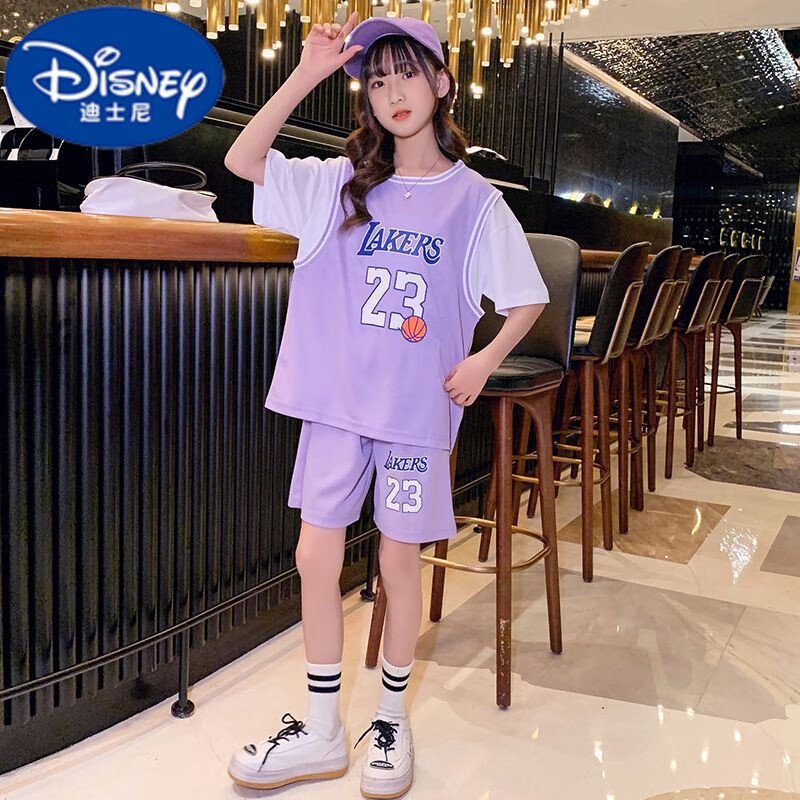 迪士尼（Disney）女童篮球服儿童运动套装23号球衣速干女孩短袖休闲训练球服两件套 紫色两件套 120cm
