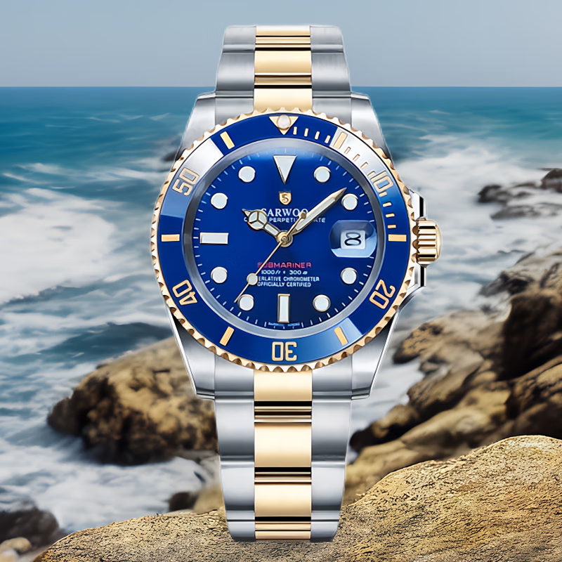 商沃(sarwoo)品牌机械表男全自动防水带夜光 间金蓝水鬼腕表日本进口