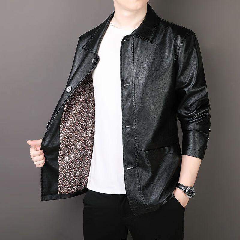 舒晋保罗皮衣男春秋薄翻领皮夹克商务休闲宽松帅气中年外套潮男穿搭