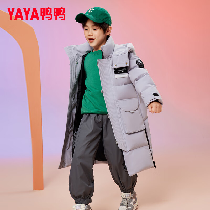 鸭鸭（YAYA）儿童羽绒服男童新中长款加厚过膝连帽保暖冬季中大童装外套WJ 米色 160