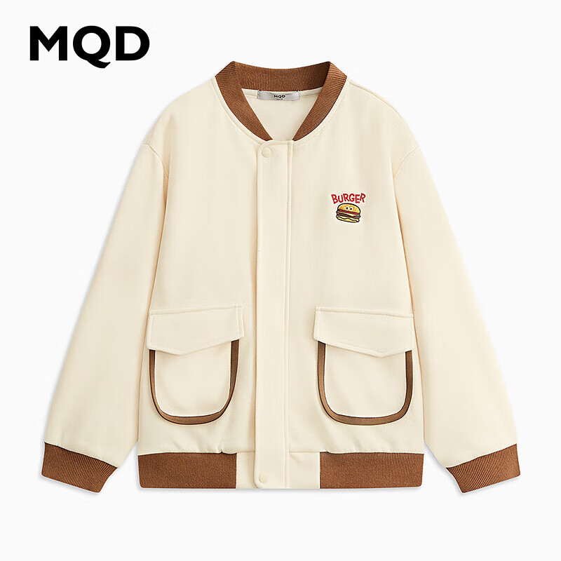 马骑顿（MQD）童装男大童学院风汉堡撞色休闲运动棒球领外套 米白 130