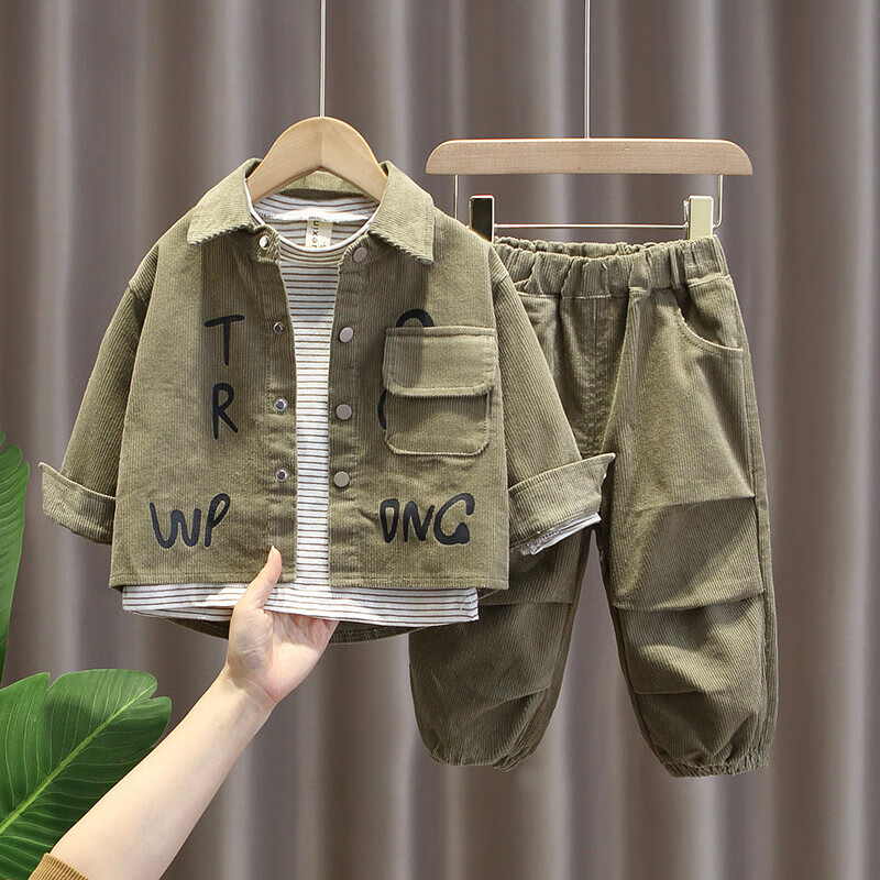 1-3岁男孩休闲装 军绿色开衫套装 80码 建议身高70-80 体重16-20斤