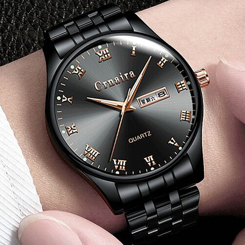 卡奈亚（Crnaira）品牌手表商务男表罗马刻度石英表男士多功能双日历夜光防水钢带潮 黑钢带蓝面