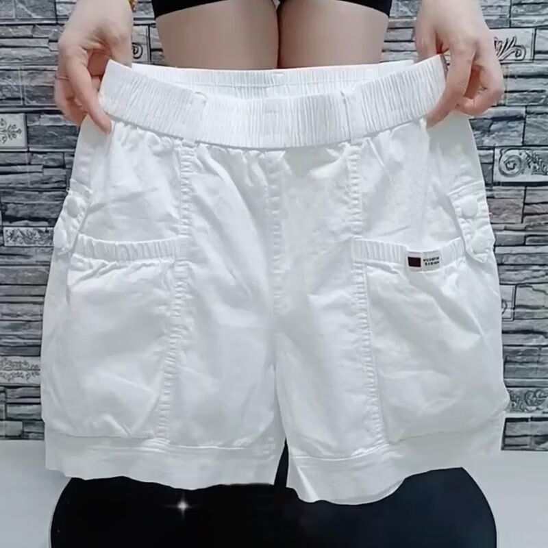 UKCF白色水洗棉短褲女夏季薄款高腰顯瘦直筒五分褲洋氣顯瘦休閑熱褲 白色 燈籠短褲 L碼(建議100-115斤)