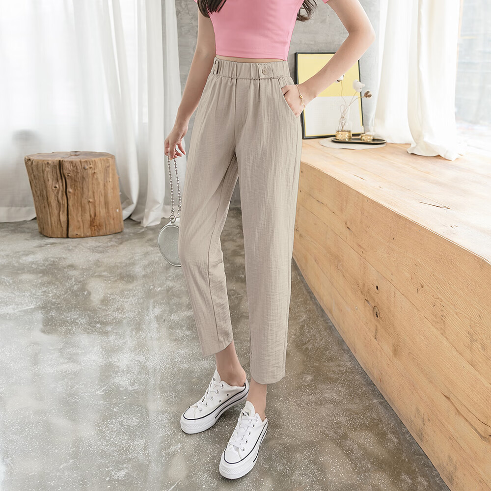 尼中年妇女夏天穿的哈伦裤冰丝棉麻裤子薄款萝卜小个子九分休闲女裤