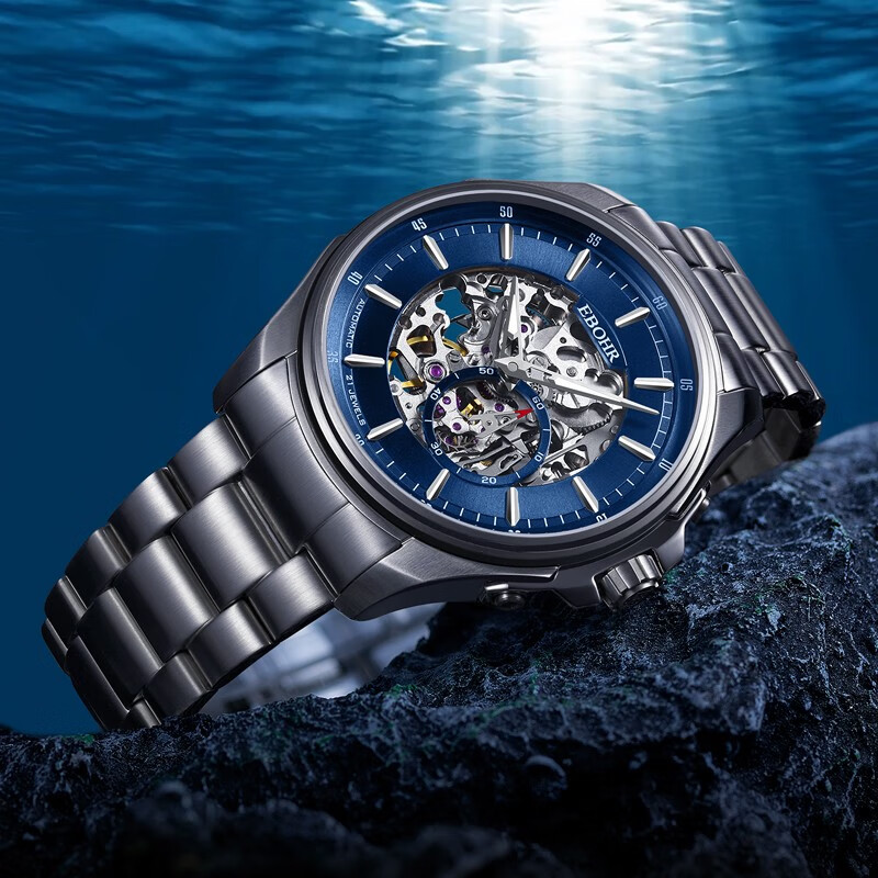依波(EBOHR)探索者系列男士自动机械表国表新潮镂空防水钢带手表送男友礼物 蓝盘钢带男表 51280314
