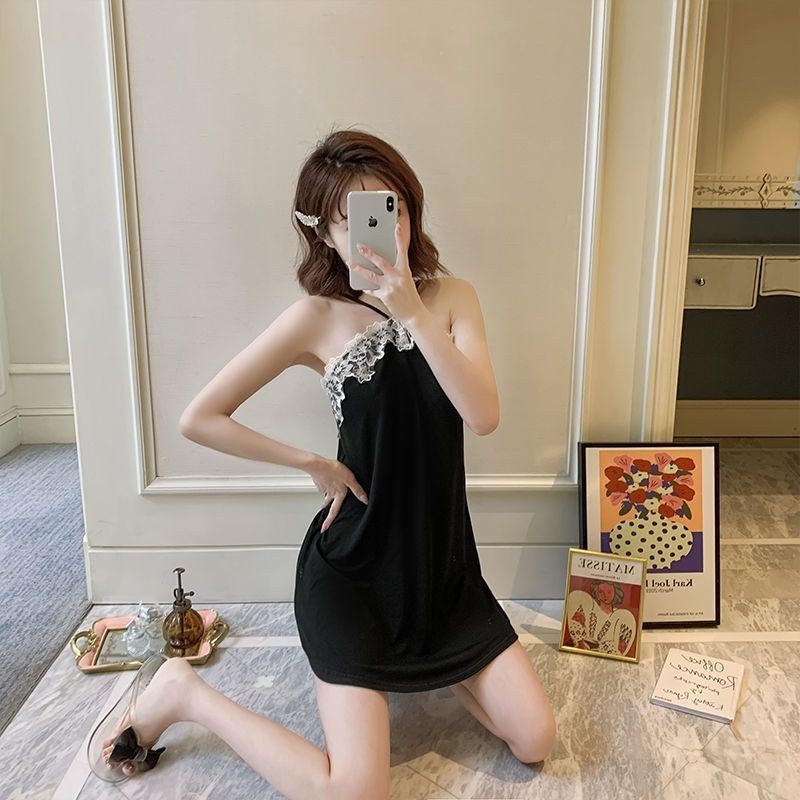 sinihuaji睡衣女春秋季吊带睡裙薄款性感露肩睡袍睡衣女士家居服 黑色