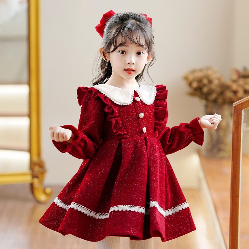 妙倩女童裙子冬季加绒加厚儿童公主裙小女孩新年红色喜庆拜年服秋冬裙