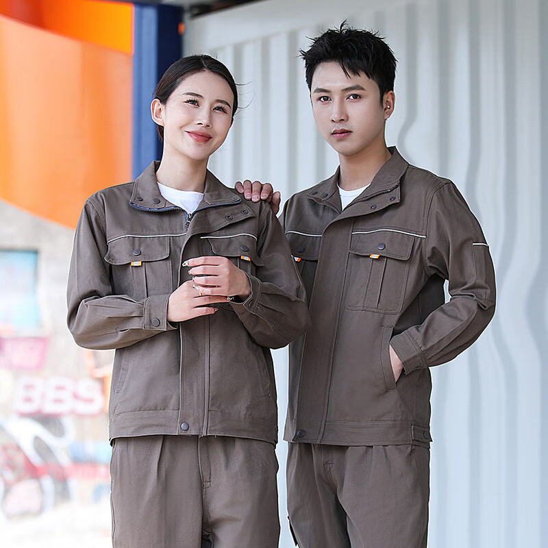 勤思路純棉工作服套裝男上衣春秋冬長(cháng)袖電力車(chē)間全棉耐磨防燙焊工勞保服 純棉立領(lǐng)【卡其色套裝】 S /160【建議85-100斤】