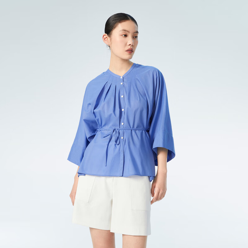 OVV2023春夏新款女装舒适柔软宽松版型V领随附腰带长袖休闲衬衫 紫蓝(净色)07 M