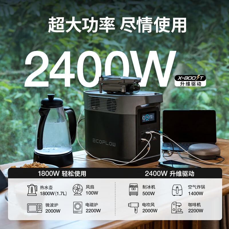 ECOFLOW正浩【1度电1800W大功率】德2快充移动户外电源220V大容量便携自驾露营车载冰箱应急备用储能电池