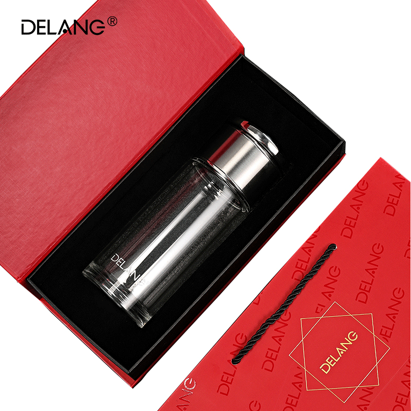 德琅(DELANG)水杯双层玻璃杯商务办公玻璃杯 茶水分离杯8006-本钢色-礼盒装
