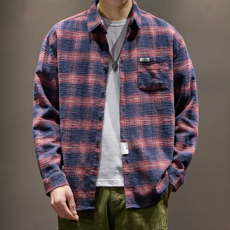 潮天士格子衬衫男宽松长袖衬衣男士潮牌秋冬季休闲外套男生潮流运动