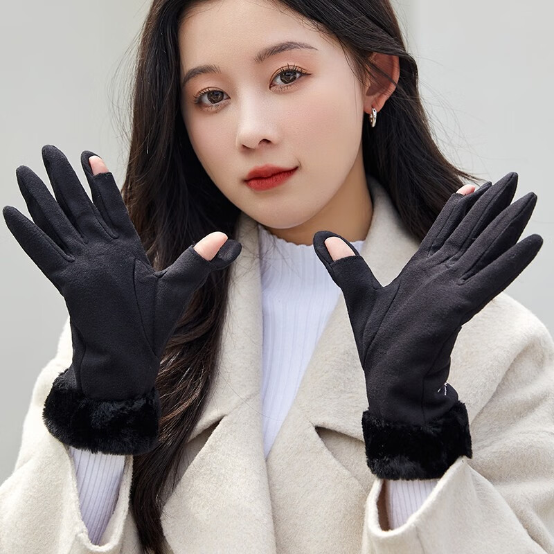 原谅色手套冬天女加绒加厚保暖可爱麂皮绒女士骑行防寒骑车防风触屏冬季 黑色