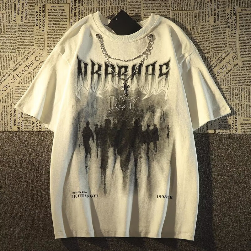 迪伽达短袖男装2025新款夏季潮流美式重磅带项链宽松休闲圆领T恤男士 BNGYL-B14黑色 M