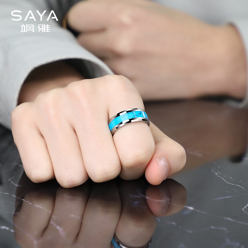 飒雅 绿松石戒指男潮食指复古男士单身戒子时尚饰品礼物宝石指环男戒