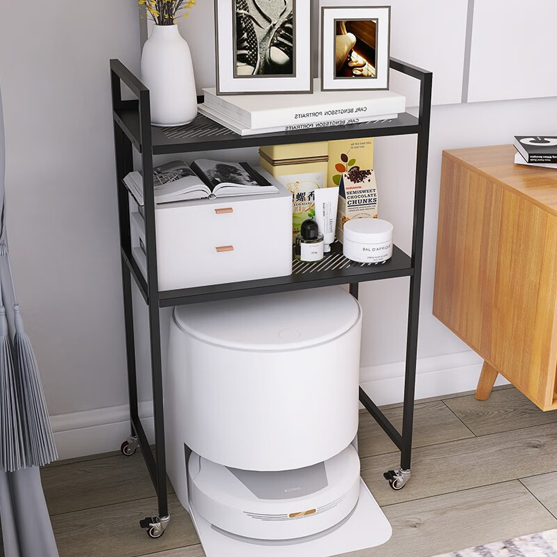 峰阳货架 扫地机器人上方置物架 带轮子可移动 落地二层家用方管架子 黑色 方管型50*30*83cm