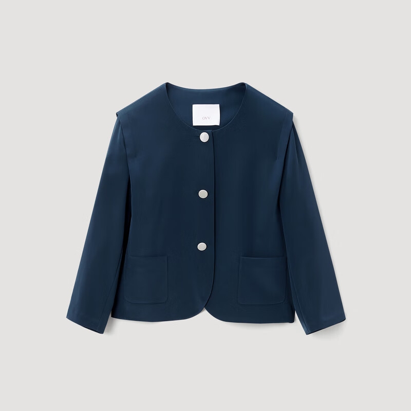 OVV2023春夏新款女装精致圆领七分袖桑蚕丝短款休闲夹克外套 藏青（净色）25 S