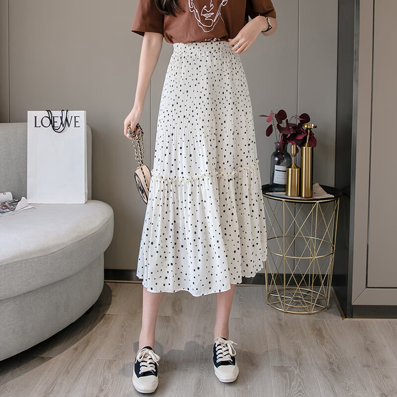 bhhwtd轻奢高端春夏装新款大摆波点a字裙长款百褶雪纺长裙圆点半身裙