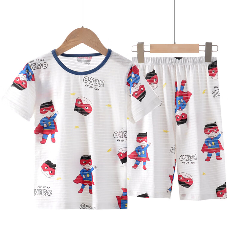 夏季短袖男孩纯棉儿童中大童全棉宝宝夏天薄款家居服套装 白色超人