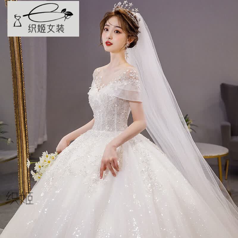 织姬一字肩轻婚纱2023新款气质主纱新娘夏季遮粗手臂齐地大拖尾公主风 齐地款 标准中腰 头纱 裙撑 L码建议110斤以下怎么看?
