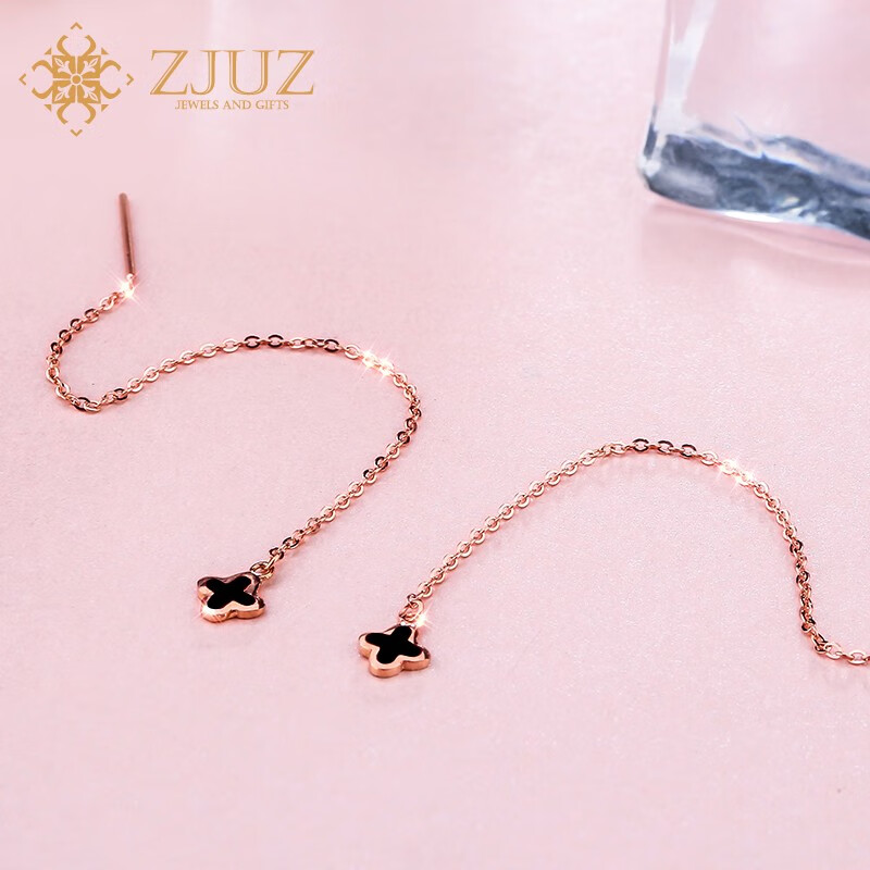 zjuz18k金耳线玫瑰金四叶草耳线女款au750长款耳环彩金耳钉送女友礼物