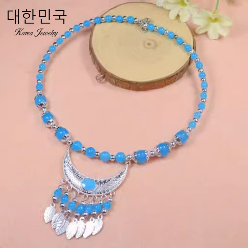 芠拉復(fù)古民族風(fēng)月牙葉子流蘇額飾異域藏族頭飾眉心墜額頭鏈旅拍配飾女 1#冰透藍(lán)項(xiàng)圈眉心墜(H2635)