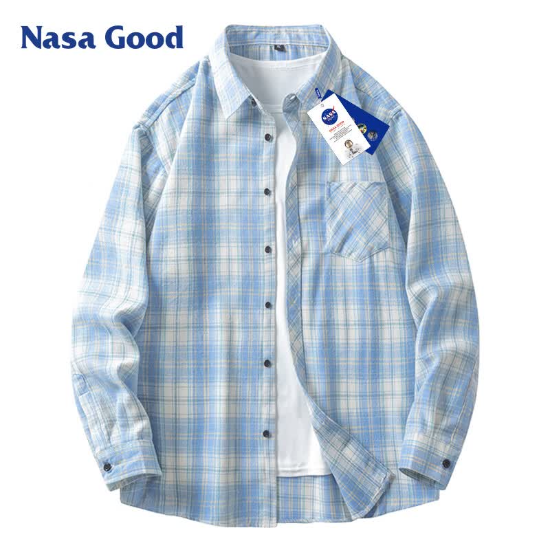 NASA GOOD长袖衬衫男春秋季韩版潮流格子衬衣青年休闲宽松外套 蓝M