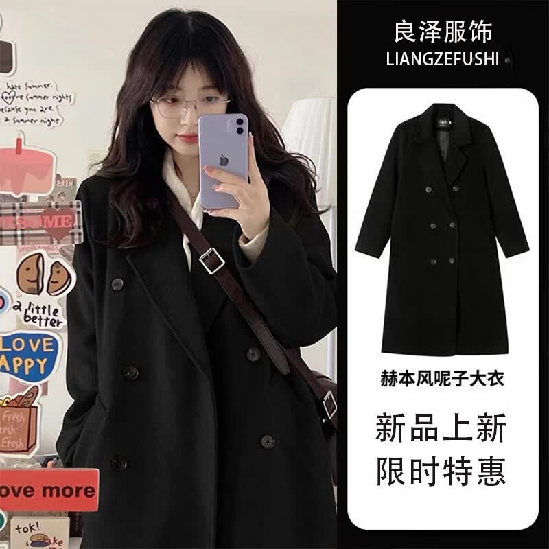 画澈毛呢大衣女2023秋冬季新款韩版学生小个子赫本风中长款风衣外套 黑色 S【建议90-100斤】怎么看?
