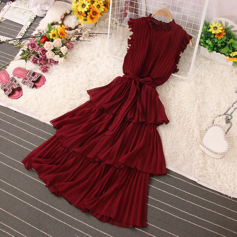 璇醇蛋糕裙多层连衣裙夏天穿的法式小众百褶夏季木耳边圆领无袖背心