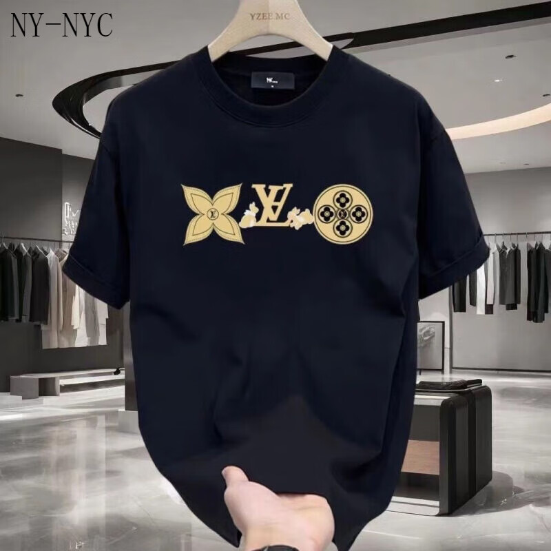 t恤男士夏季春夏季新款宽松圆领印花韩版上衣 黑色[高品纯棉]lv玉兔 m